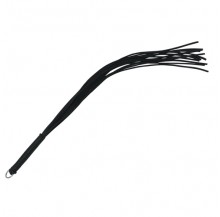 A black leather flail type whip is displayed on a white background. It is about 20 inches in length